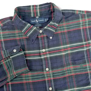 Vintage Ralph Lauren Button Down Big Shirt Mens XXL Blue Green Red Plaid Cotton